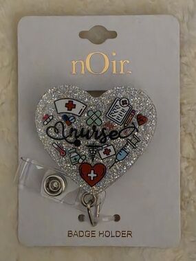 nOir Jewelry Silver Glitter Heart Nurse Badge Holder with Red Accents